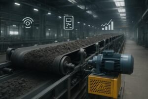 Industrial conveyor systems in a factory with idlers, pulleys, and safety guards, suggesting technology upgrades