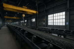 Modern conveyor belt production line inside a factory with idlers and pulleys visible