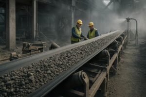 Inspection of a heavy-duty quarry conveyor showing belt wear, cleaners, and idlers