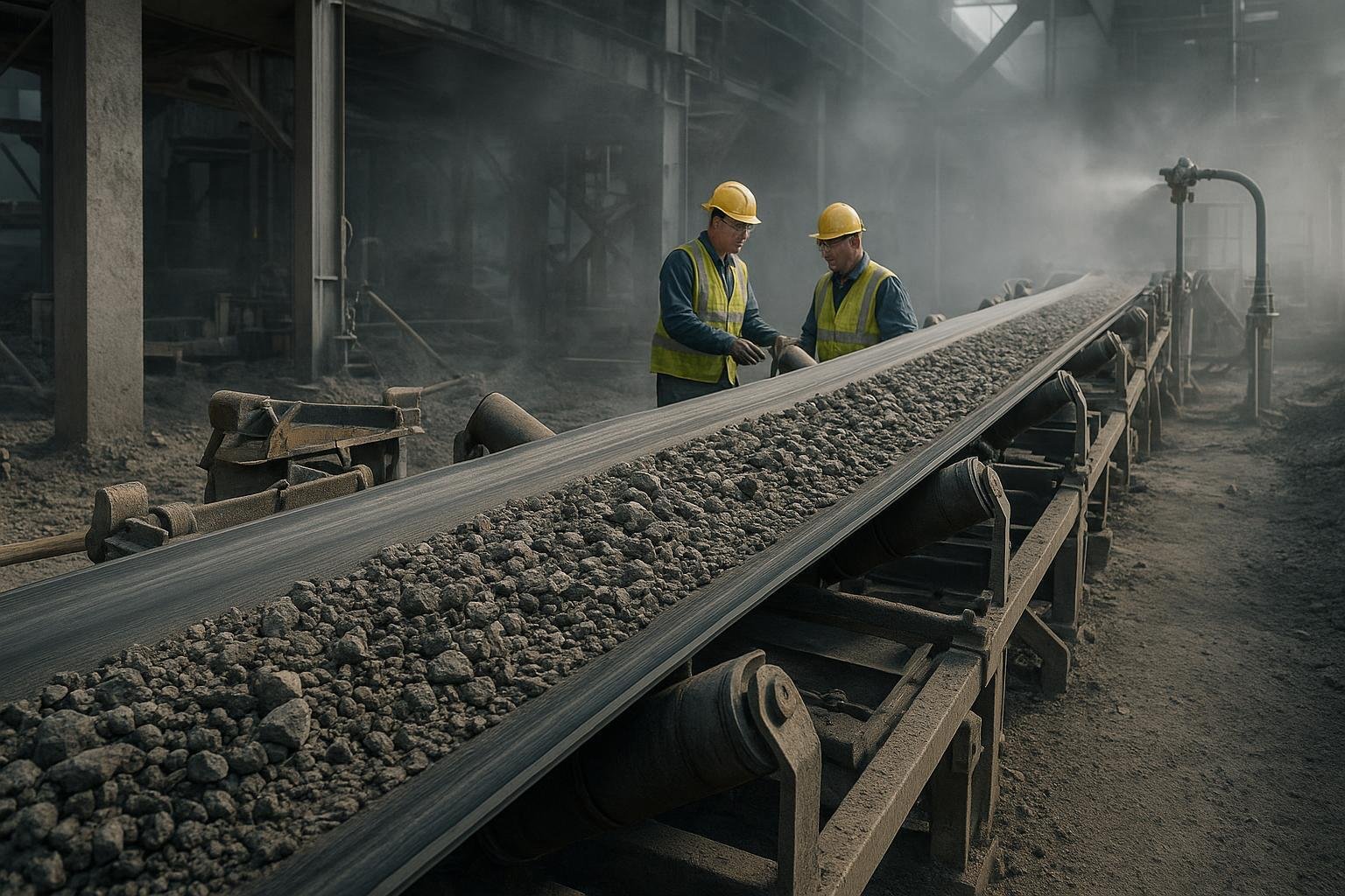 Inspection of a heavy-duty quarry conveyor showing belt wear, cleaners, and idlers