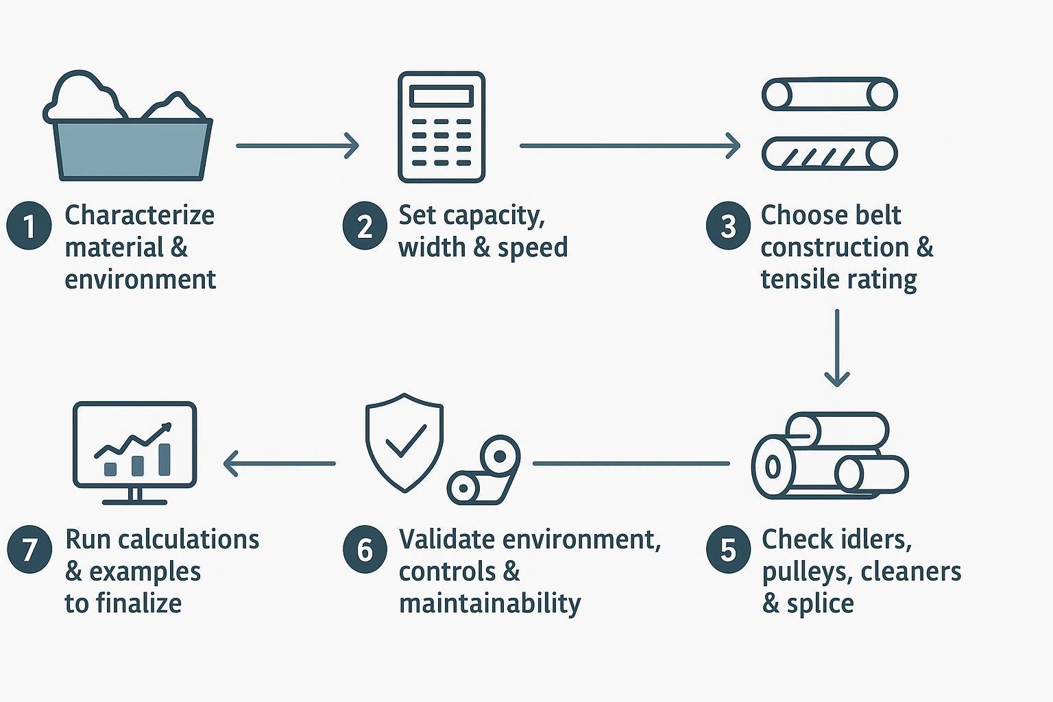 Flowchart of a 7-step conveyor belt selection process for bulk materials