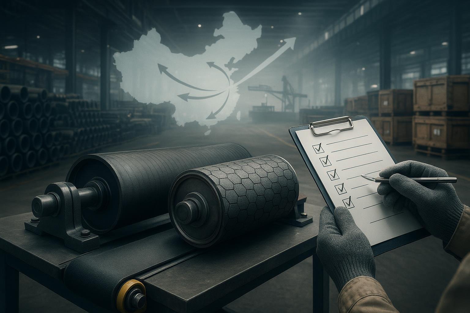 Engineer inspecting conveyor belt, idlers, and pulley in a Chinese factory with logistics backdrop