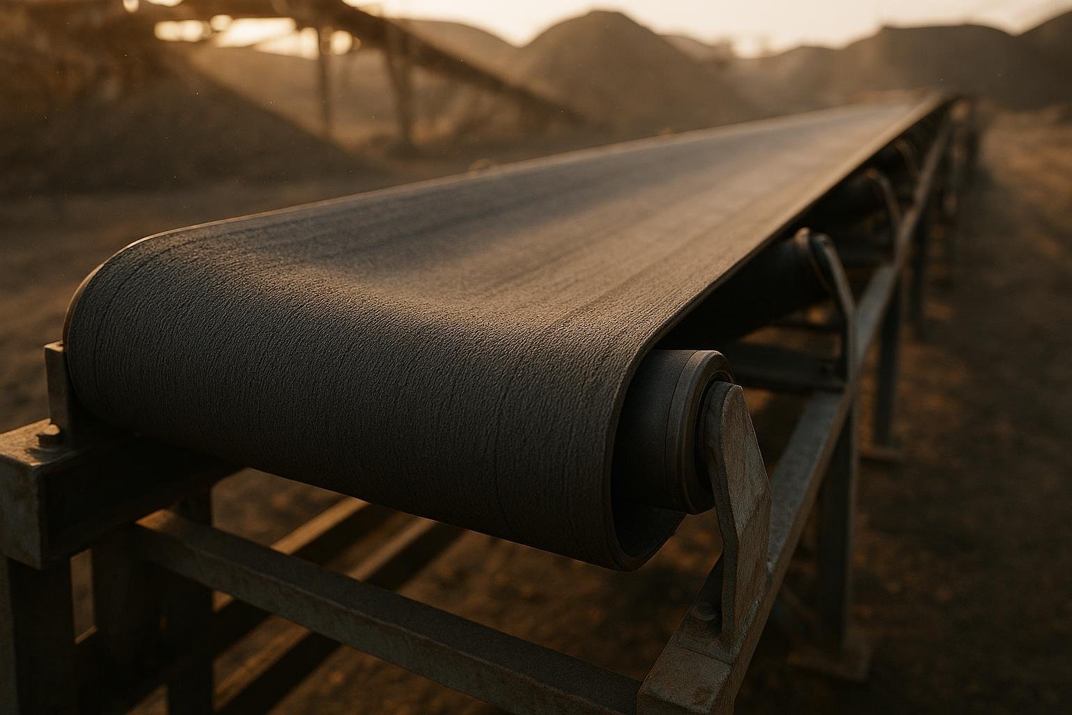 Close-up of a heavy-duty conveyor belt cover surface in an industrial quarry setting