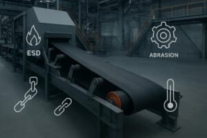 Industrial conveyor belt system with overlay icons for flame, ESD, tensile, abrasion, and heat testing