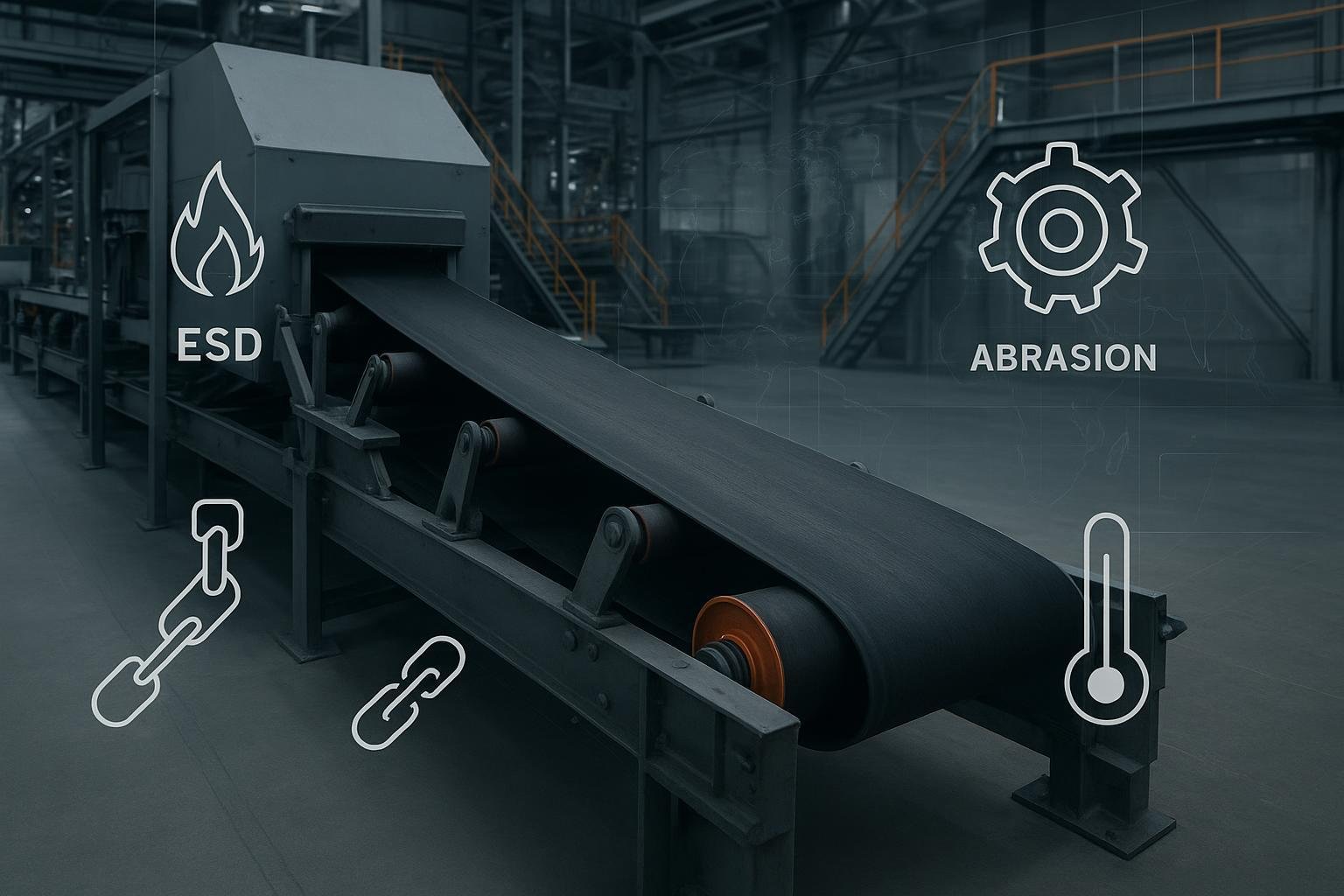 Industrial conveyor belt system with overlay icons for flame, ESD, tensile, abrasion, and heat testing