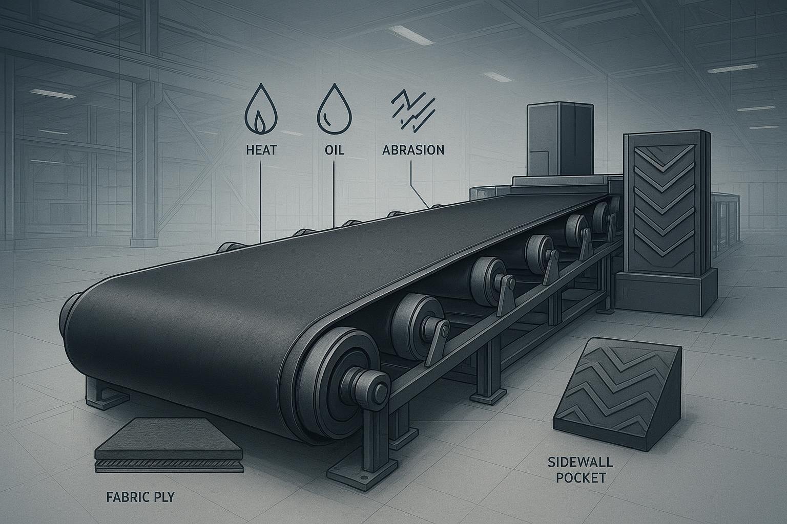 Cover image: comparison of conveyor belt types for manufacturing plants with flat EP belt, chevron profile, sidewall pocket, and technical icons.