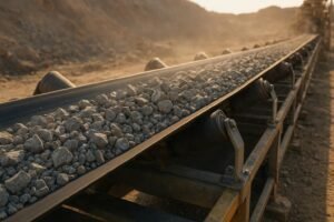 Photorealistic industrial conveyor with troughing idlers and return rollers transporting crushed stone in a quarry.