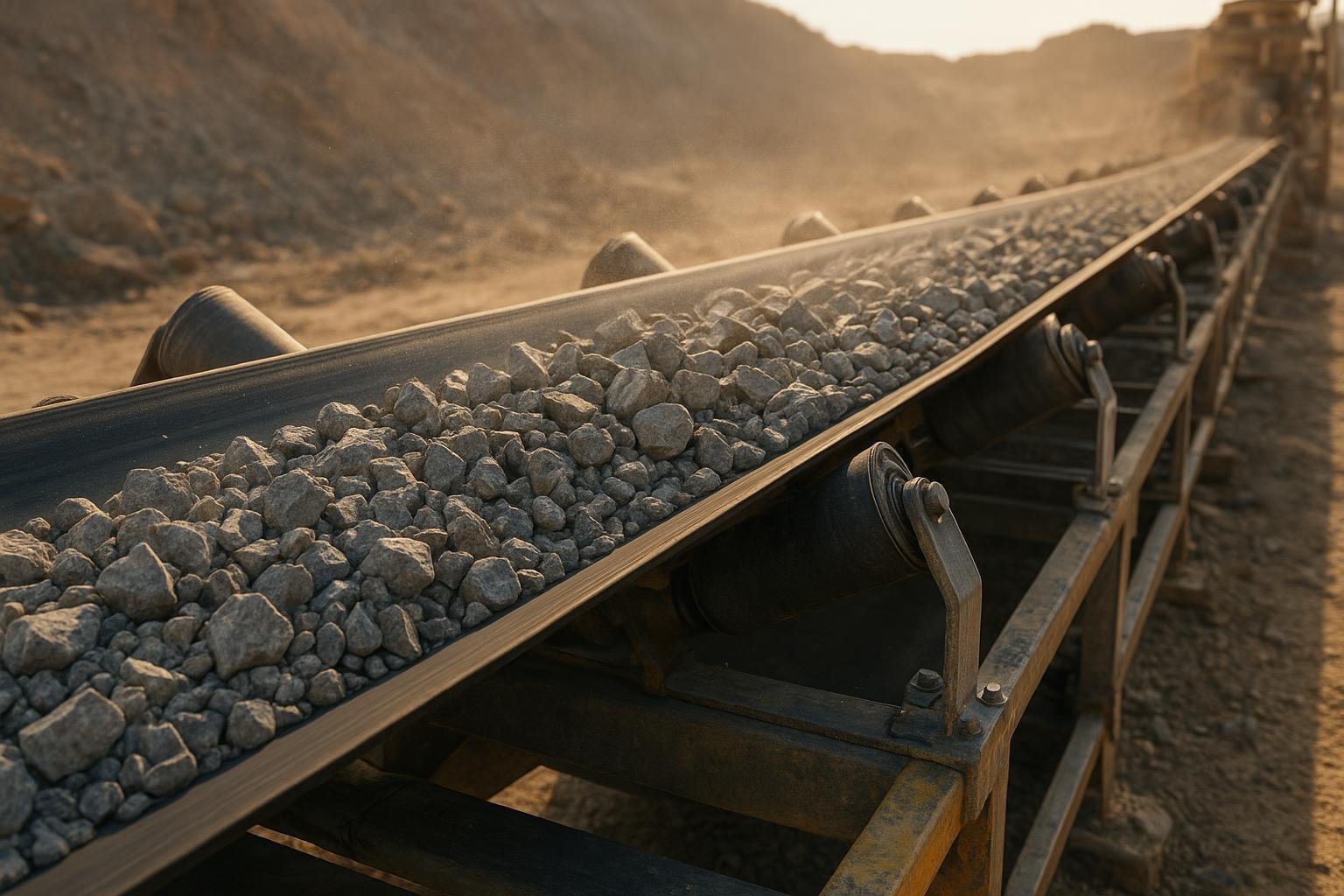 Photorealistic industrial conveyor with troughing idlers and return rollers transporting crushed stone in a quarry.