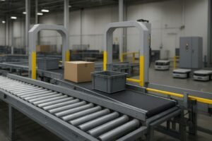 Photorealistic warehouse automation line with conveyors, scanners, and AMR handoff station