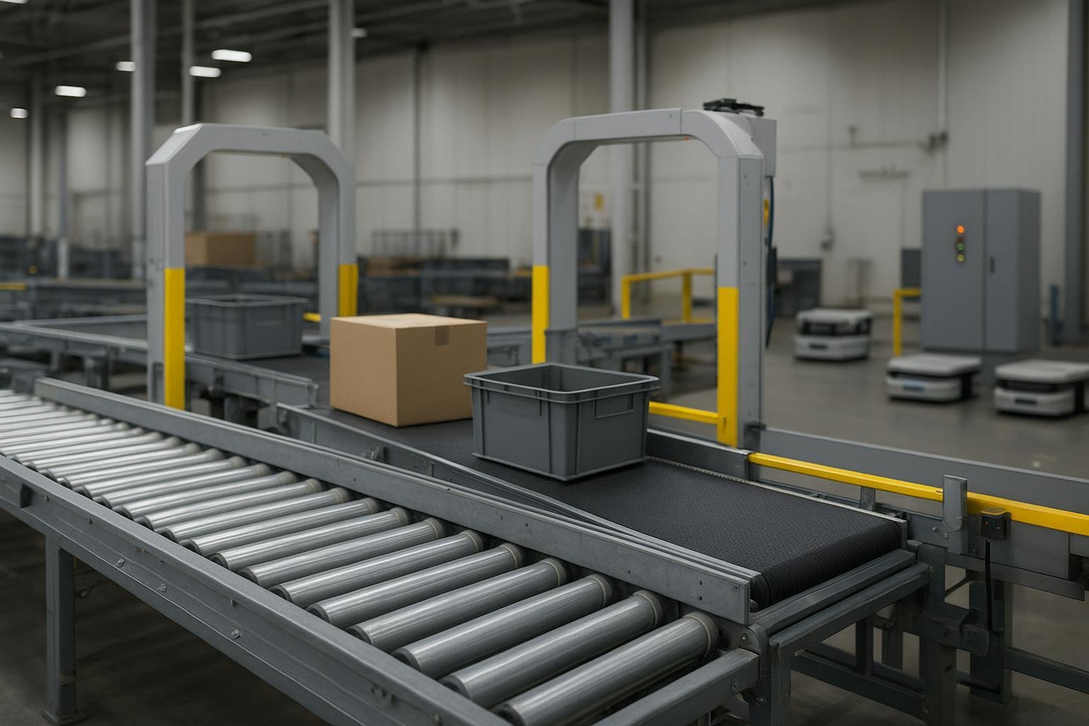 Photorealistic warehouse automation line with conveyors, scanners, and AMR handoff station
