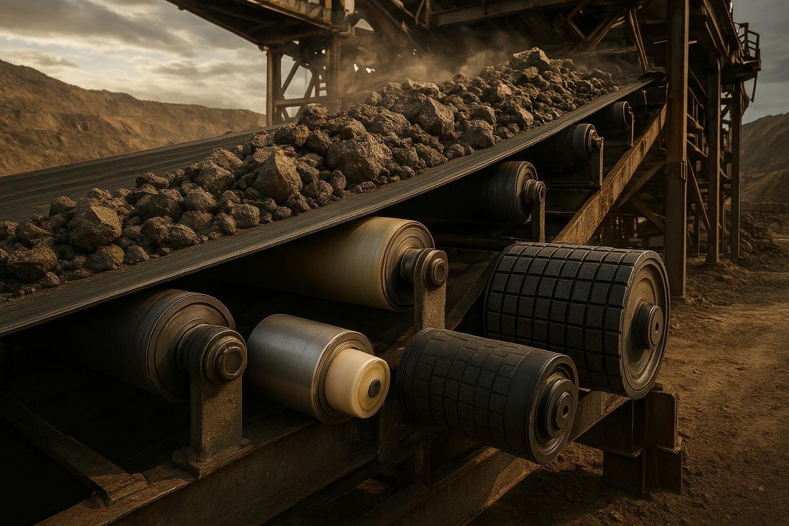 Conveyor system in a mining site showing multiple roller types including steel, stainless, UHMWPE, composite, ceramic-lagged pulley, and impact rollers