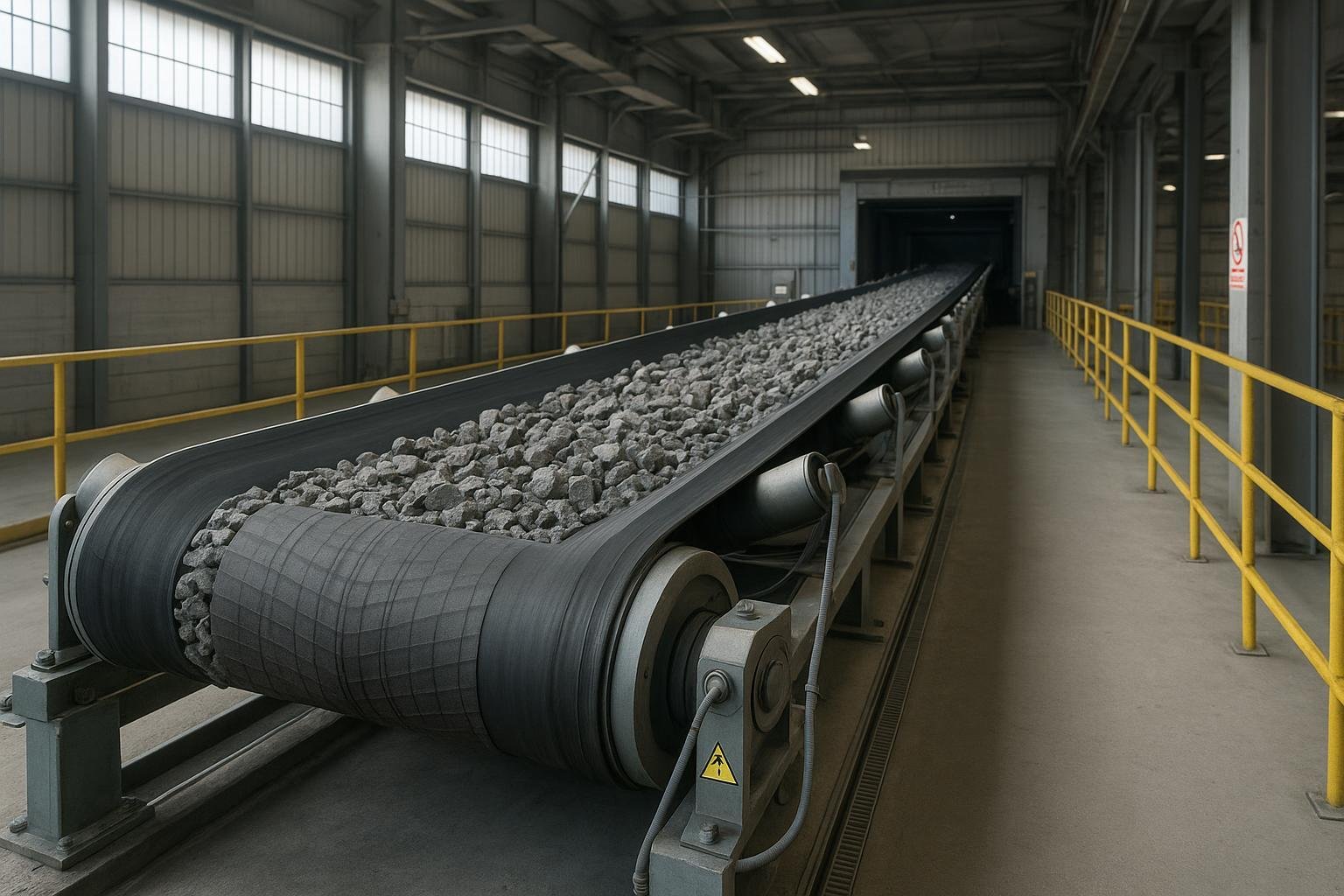 High-strength conveyor belt running through a modern EU/US factory with idlers and lagged drive pulley