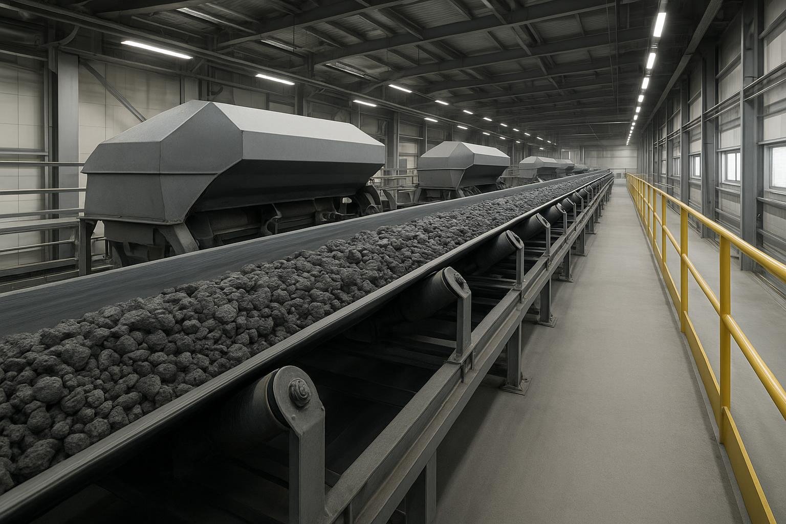 Modern conveyor belts moving bulk material in an industrial plant