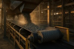 Heavy-duty belt conveyor with idlers and guarded drive in an aggregate plant