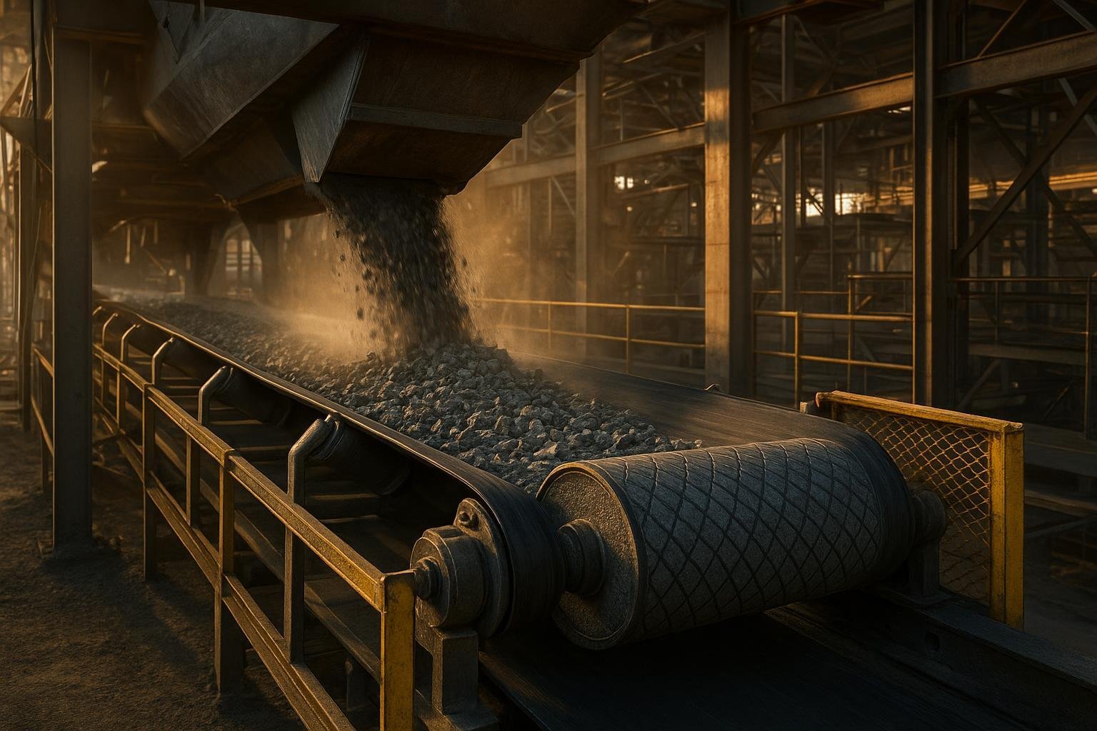 Heavy-duty belt conveyor with idlers and guarded drive in an aggregate plant