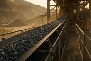 Heavy-duty conveyor belt transporting crushed stone at an open-pit mine