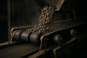 Photo-realistic view of a conveyor loading zone with rubber-ring impact rollers under a chute