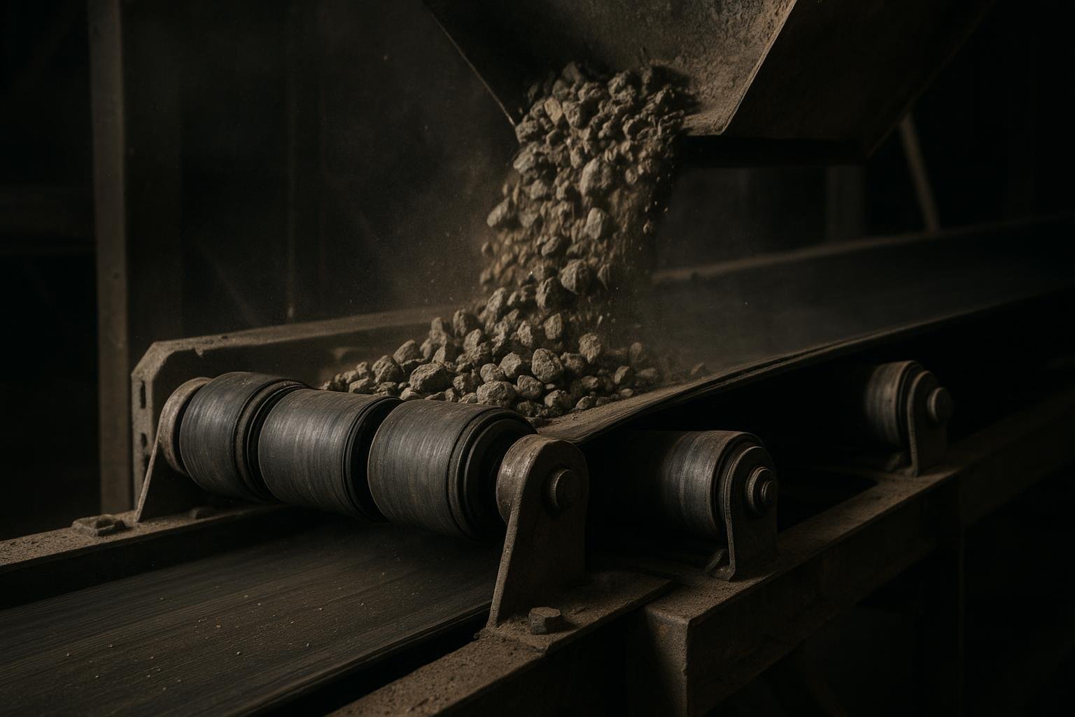 Photo-realistic view of a conveyor loading zone with rubber-ring impact rollers under a chute