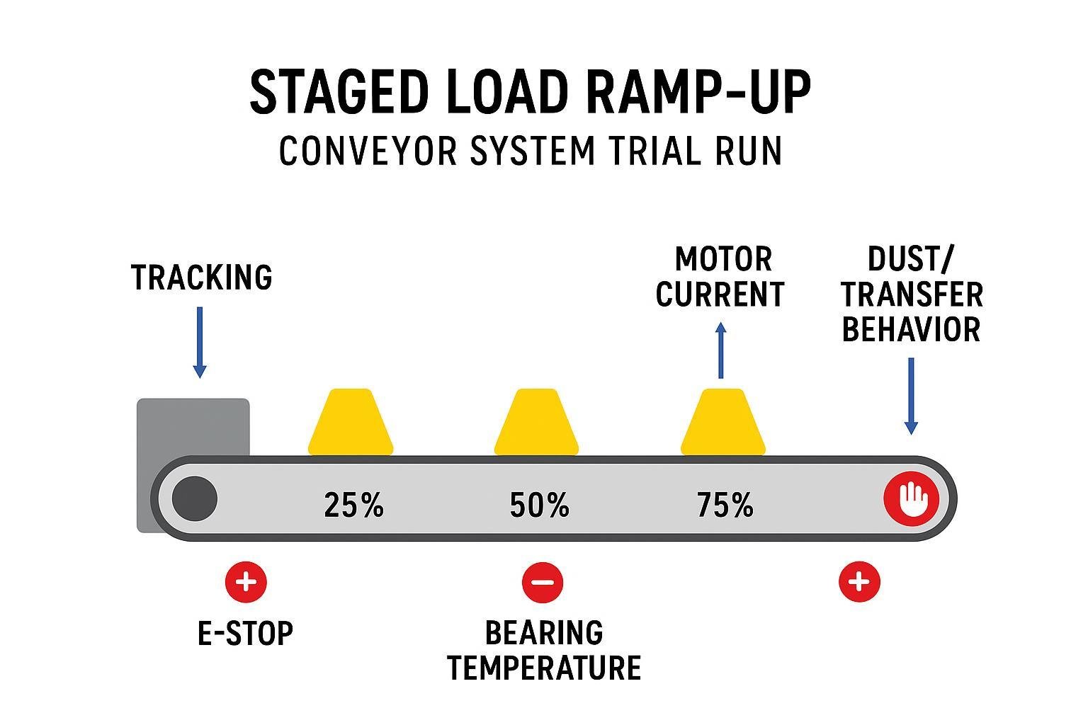 Infographic showing staged load introduction for a conveyor system trial run at 25, 50, 75, and 100 percent with monitoring points
