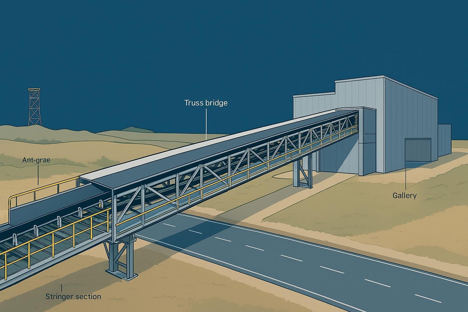 Illustration of conveyor structure types including stringer, truss bridge, and enclosed gallery with walkways