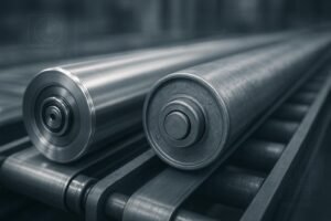 Conveyor line showing precision vs standard conveyor rollers with technical overlays