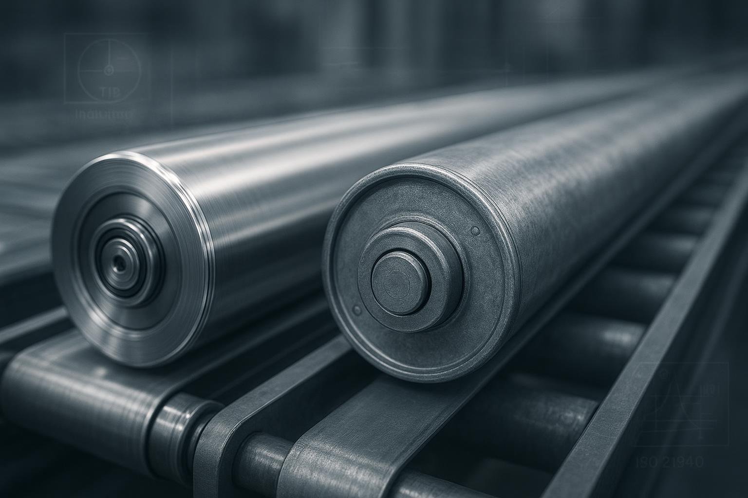 Conveyor line showing precision vs standard conveyor rollers with technical overlays